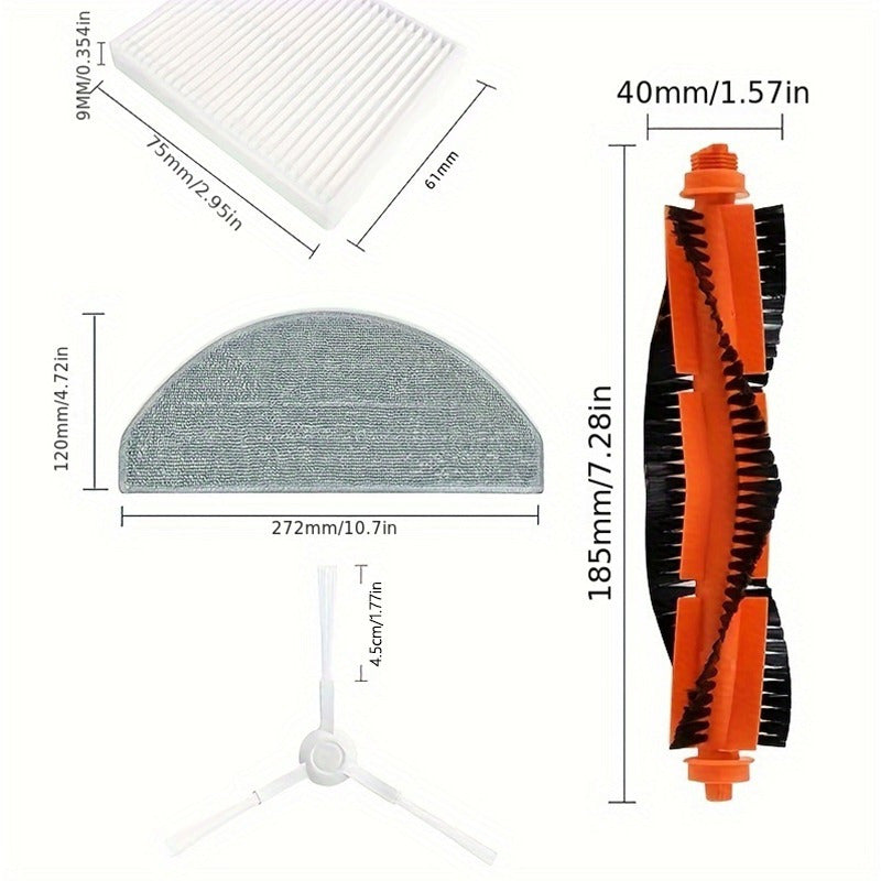 Запасные части для робот-пылесоса Xiaomi E10 B112 E12, включая 1 основную щетку, 1 боковую щетку, 1 тряпку для мытья и 1 HEPA-фильтр.