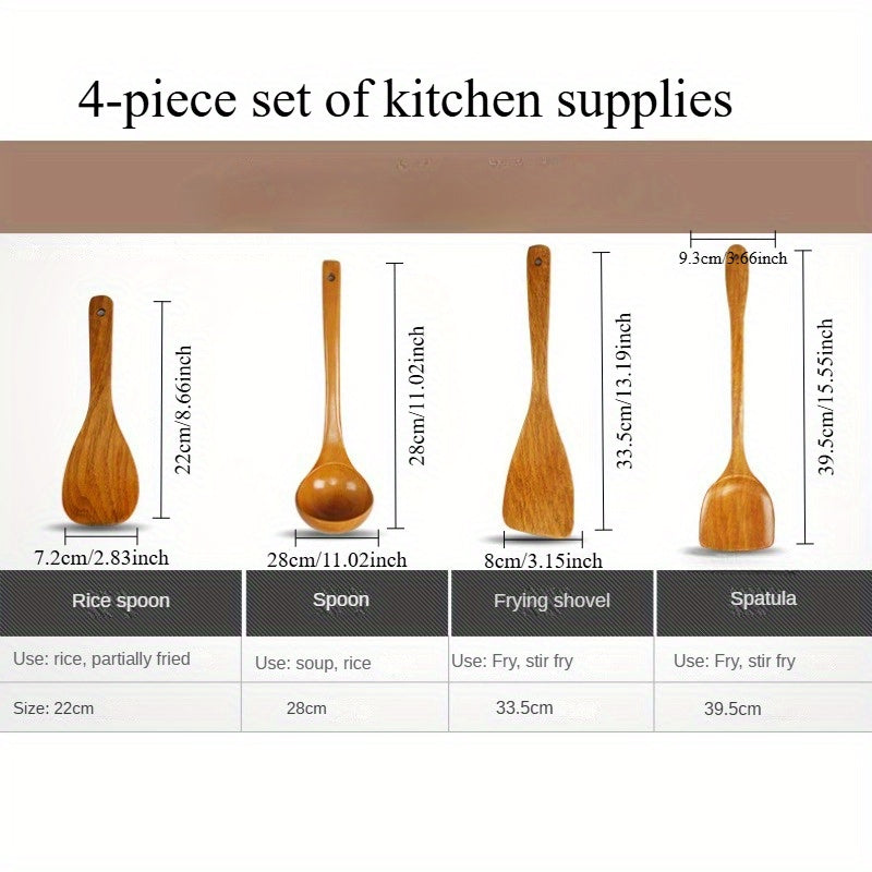 4 ta Log Yog'och Oshxona Qaychi to'plami, Yopishqoq bo'lmagan Yog'och Spatula va Sho'rva Qoshig'i bilan, Oshxona idishlari uchun xavfsiz, Uzoq tutqichli Pishirish asboblari