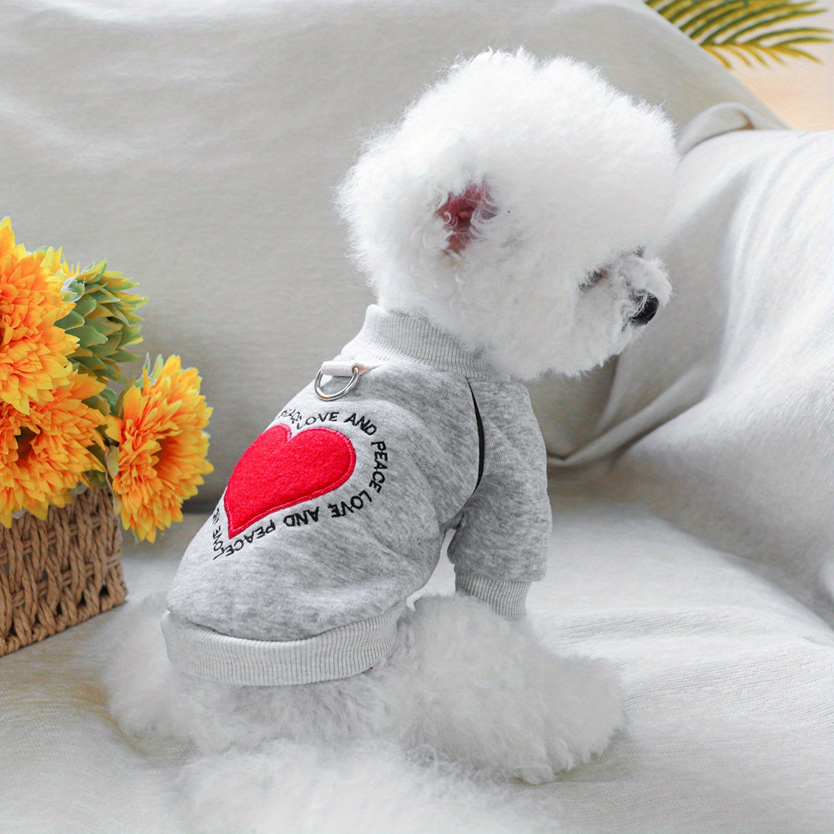 Soft knit heart-shaped pet sweater for small dogs, suitable for all seasons.