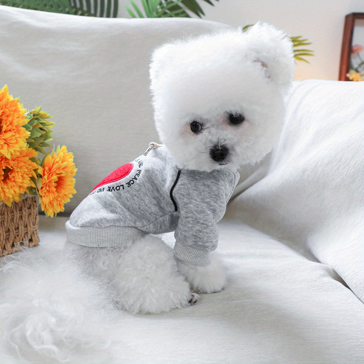 Soft knit heart-shaped pet sweater for small dogs, suitable for all seasons.