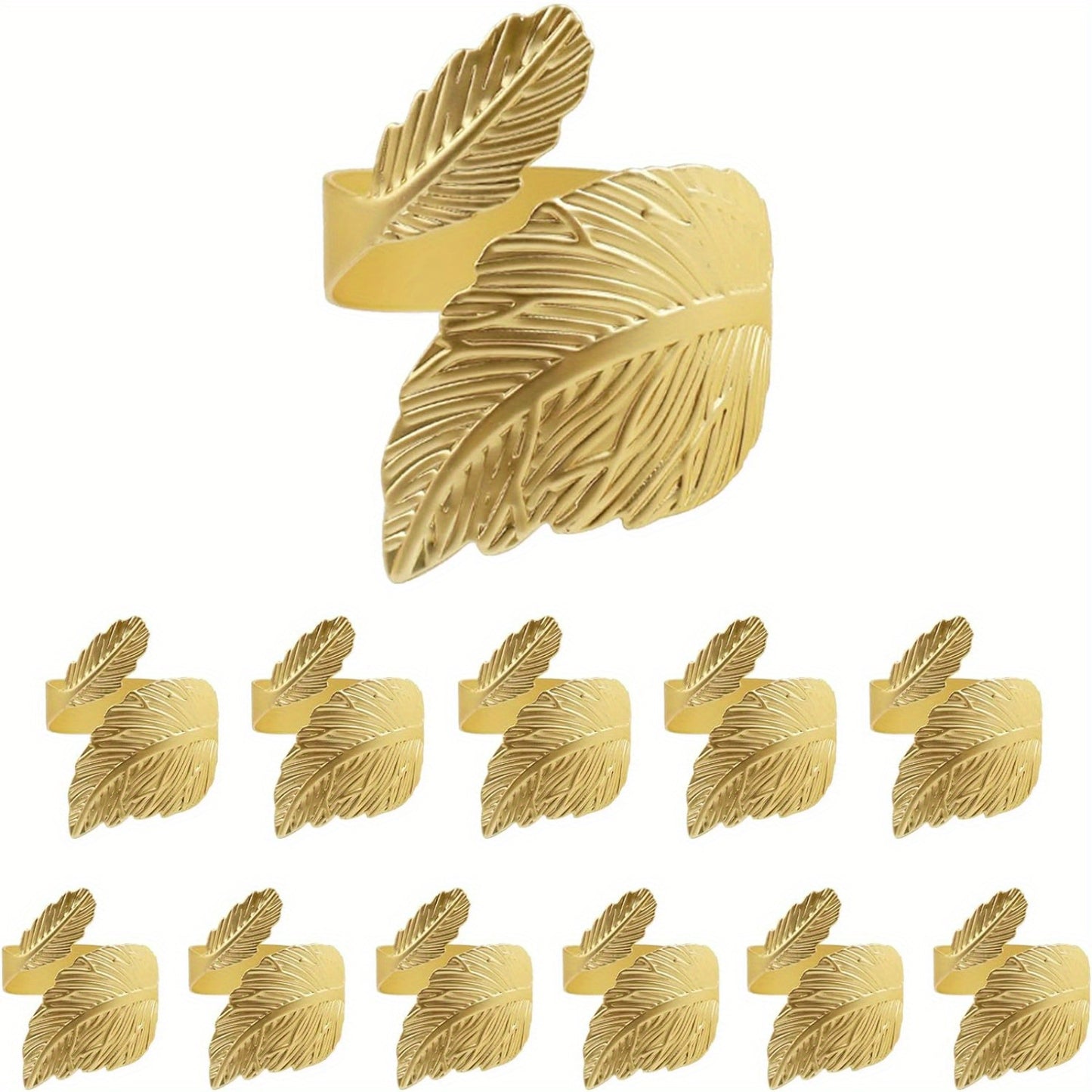 Golden Leaf Napkin Rings Set of 12 - Suitable for Holidays, Weddings & Special Occasions - Durable Alloy with Electroplated Finish