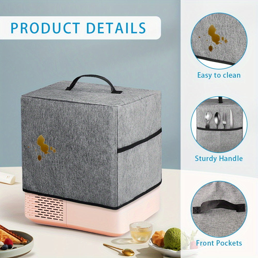 High-quality dust cover made of gray polyester for ice cream machines, featuring a zipper and handle for easy access. Safe for non-food contact areas and ideal for protecting kitchen appliances.