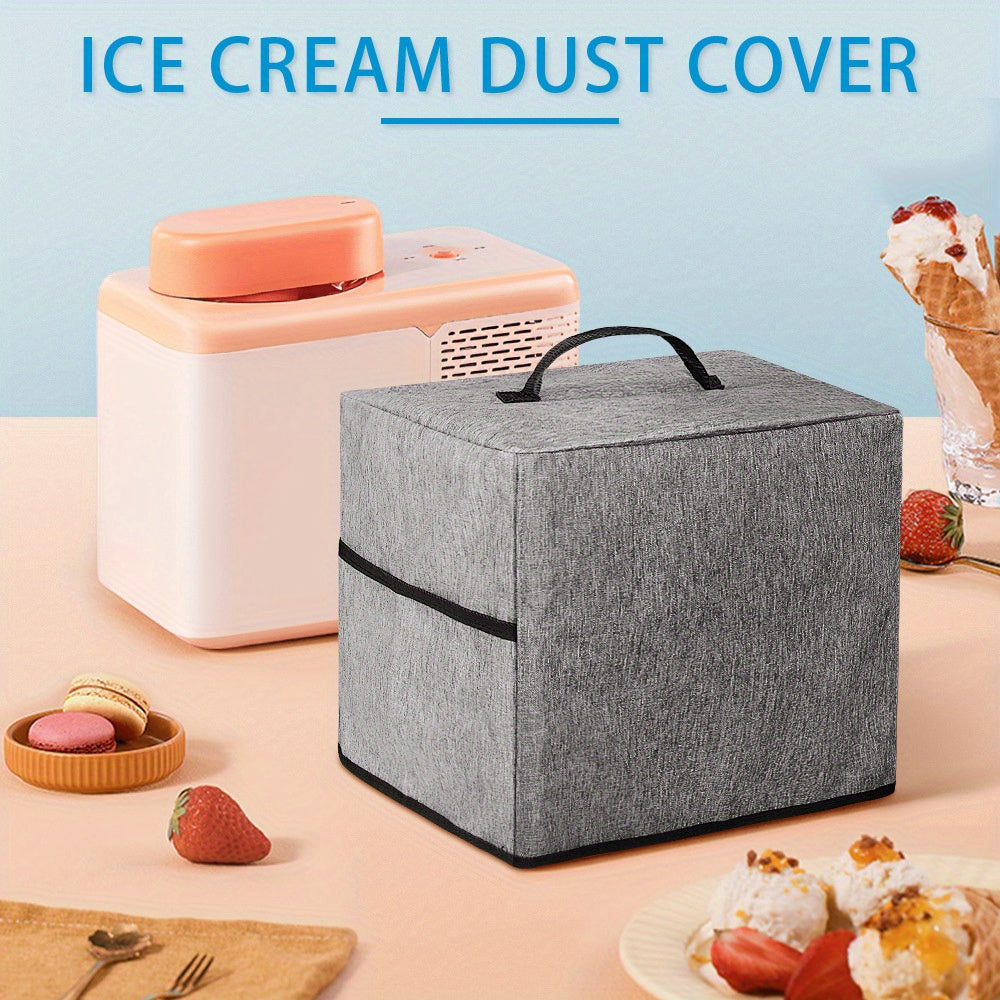 High-quality dust cover made of gray polyester for ice cream machines, featuring a zipper and handle for easy access. Safe for non-food contact areas and ideal for protecting kitchen appliances.