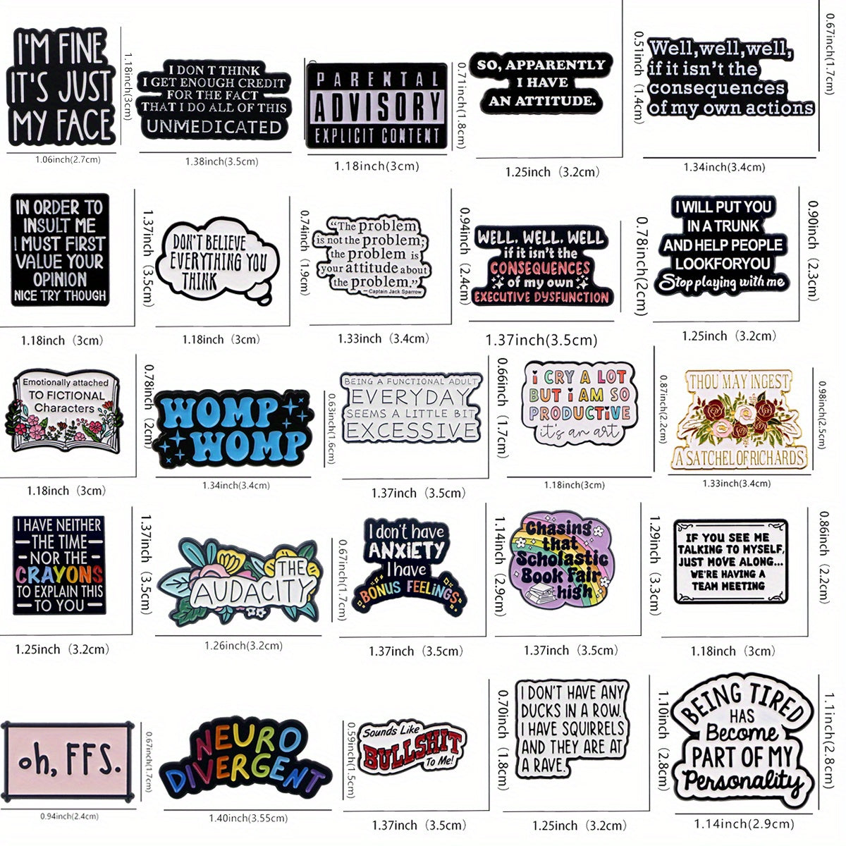 Collection of 20 enamel pins featuring inspirational quotes, perfect for adding to lapels, hats, clothes, backpacks, and more. Makes a great gift for friends and loved ones.