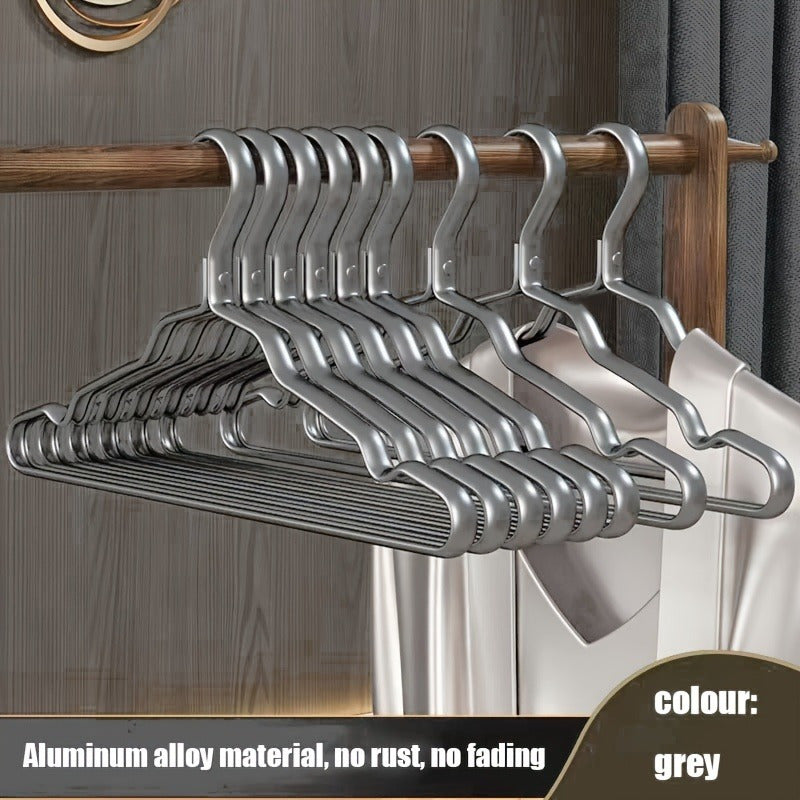 10-Pack adjustable non-slip metal clothes hangers made of sturdy aluminum alloy, suitable for pants, skirts, jeans, and coats. Ideal for retail display.