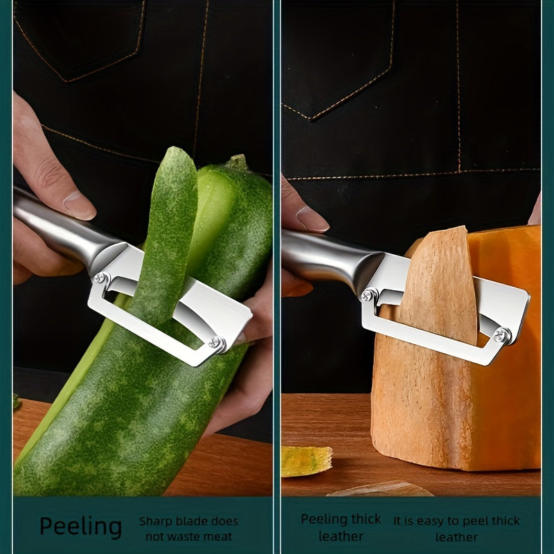 Stainless steel peeler with sharp blade, ideal for various fruits and vegetables including potatoes, pumpkins, and pineapples. Includes bottle opener and vegetable slicer. Essential kitchen tool.