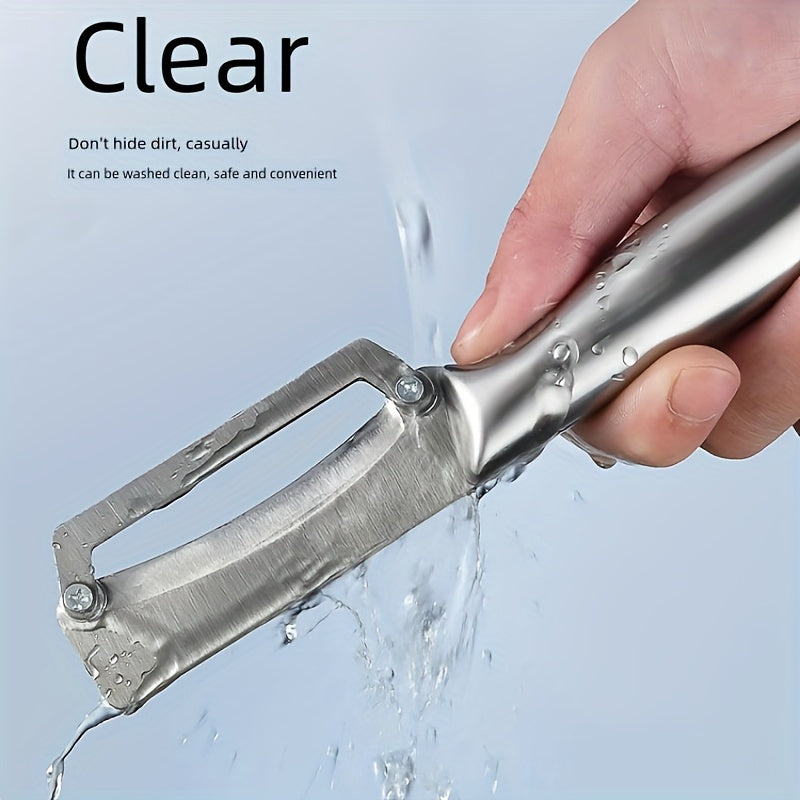 Stainless steel peeler with sharp blade, ideal for various fruits and vegetables including potatoes, pumpkins, and pineapples. Includes bottle opener and vegetable slicer. Essential kitchen tool.