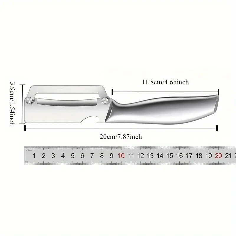 Stainless steel peeler with sharp blade, ideal for various fruits and vegetables including potatoes, pumpkins, and pineapples. Includes bottle opener and vegetable slicer. Essential kitchen tool.