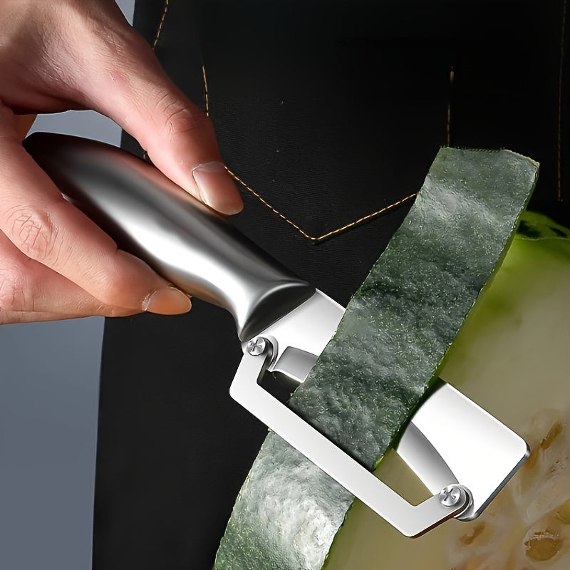 Stainless steel peeler with sharp blade, ideal for various fruits and vegetables including potatoes, pumpkins, and pineapples. Includes bottle opener and vegetable slicer. Essential kitchen tool.