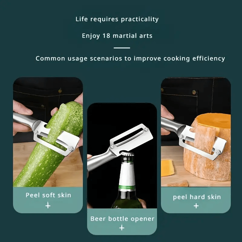 Stainless steel peeler with sharp blade, ideal for various fruits and vegetables including potatoes, pumpkins, and pineapples. Includes bottle opener and vegetable slicer. Essential kitchen tool.