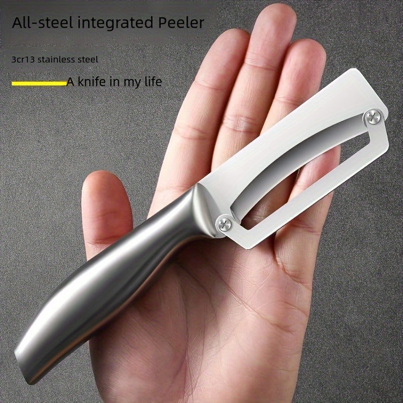 Stainless steel peeler with sharp blade, ideal for various fruits and vegetables including potatoes, pumpkins, and pineapples. Includes bottle opener and vegetable slicer. Essential kitchen tool.