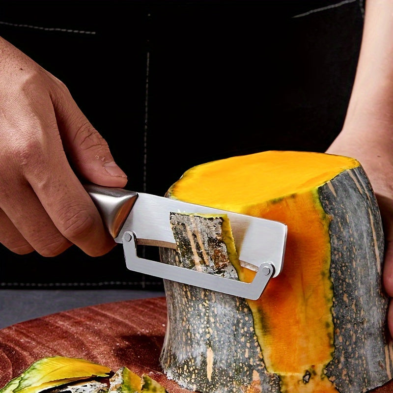 Stainless steel peeler with sharp blade, ideal for various fruits and vegetables including potatoes, pumpkins, and pineapples. Includes bottle opener and vegetable slicer. Essential kitchen tool.