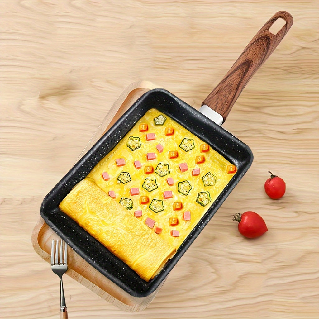 1pc Non-Stick Aluminum Square Skillet with Wood-Like Handle for Making Tamagoyaki Japanese Omelet - Perfect for Small Breakfasts, Easy to Clean with Hand Washing Only - Ideal Kitchen Cookware for Home and Restaurant Use.