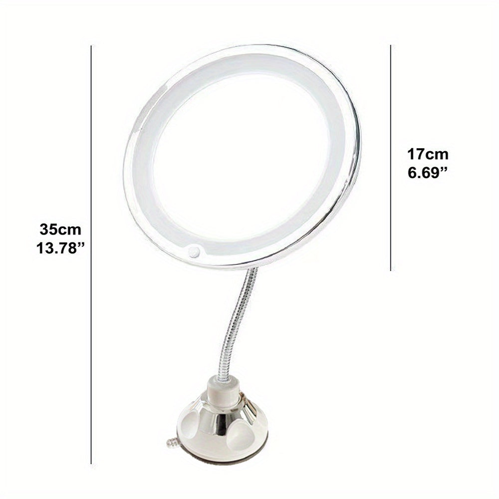 LED Makeup Mirror rotates 360 degrees, mounts with suction cup for bathroom & desktop use, battery operated with adjustable brightness.