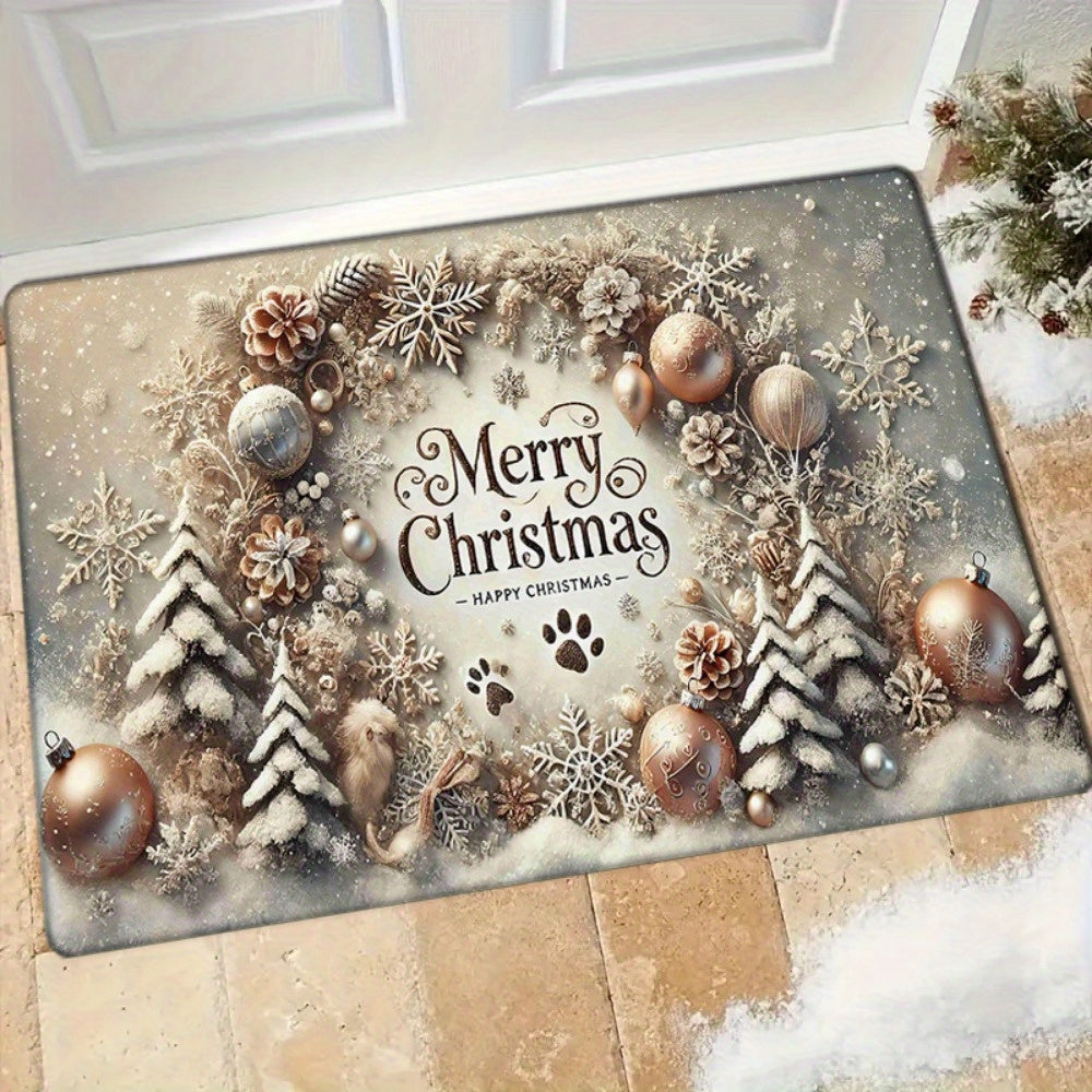 1 Christmas door mat made of 1.2cm thick flannel, featuring anti-fatigue properties and is washable. This rectangular mat is designed to be non-slip and fade-resistant, crafted from polyester with a low pile. Perfect for use in the entryway, kitchen