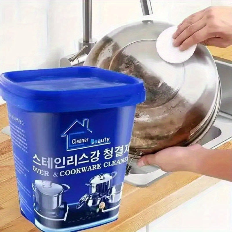 Powerful cleaning paste for stainless steel pots, removes stains and rust effectively. Ideal for cleaning kitchen and dishes.