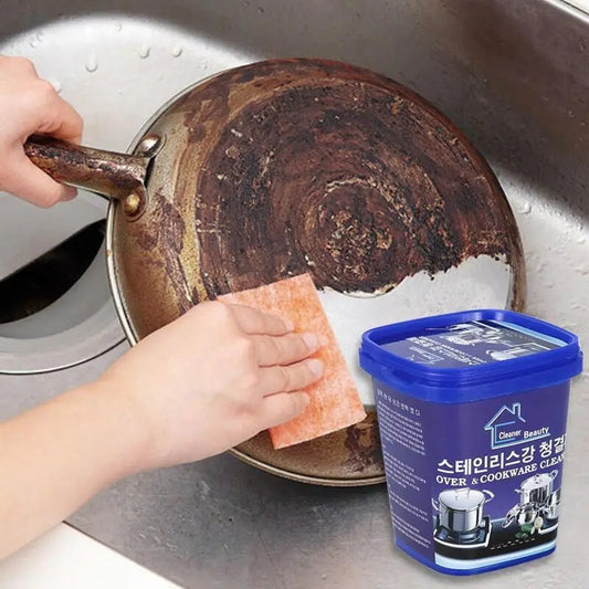 Powerful cleaning paste for stainless steel pots, removes stains and rust effectively. Ideal for cleaning kitchen and dishes.