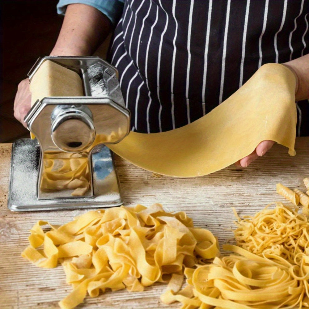 Multi-functional Stainless Steel Pasta Maker - Hand-crank Noodle Press for Spaghetti, Lasagna & Fettuccine with Adjustable Thickness and Dual Width Settings