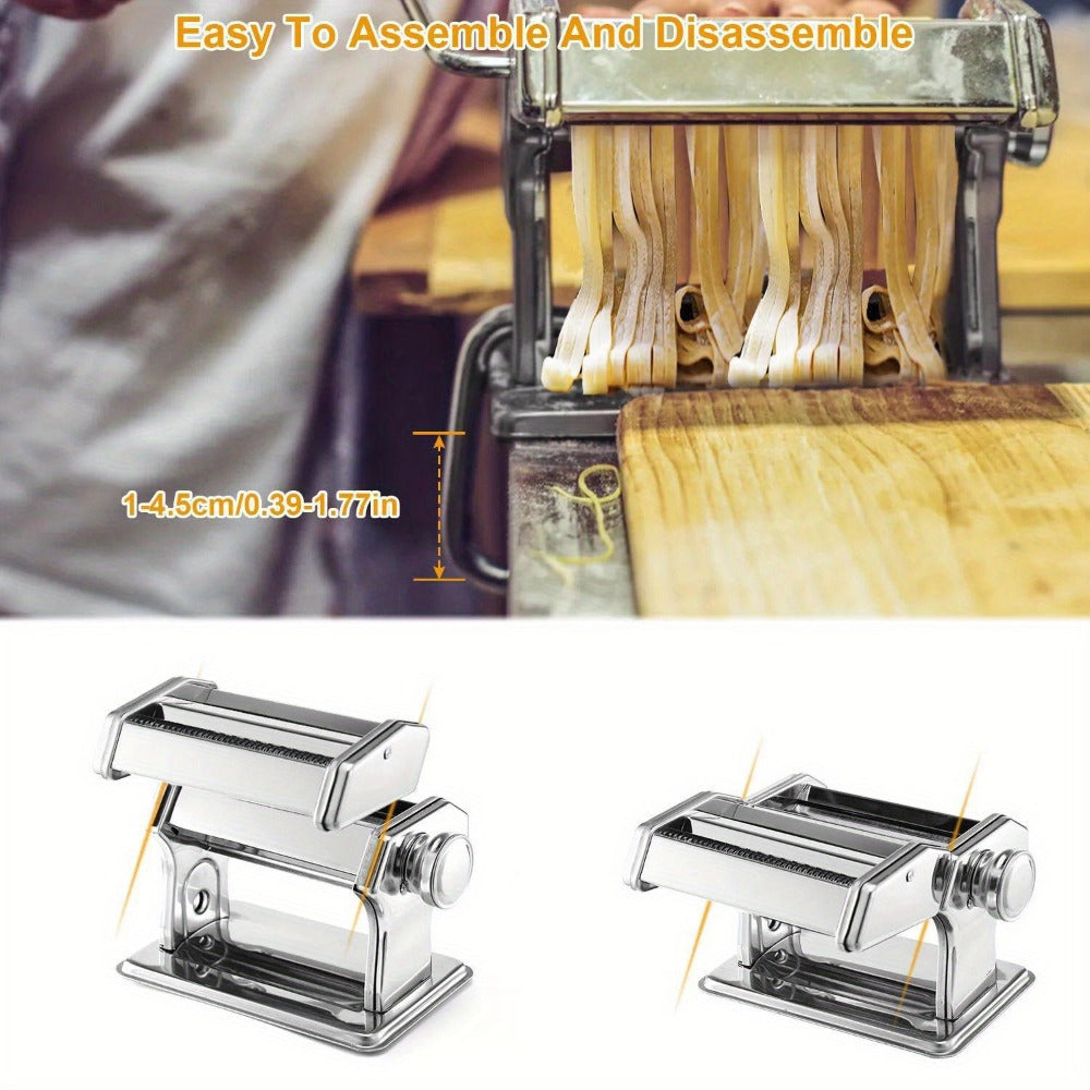 Multi-functional Stainless Steel Pasta Maker - Hand-crank Noodle Press for Spaghetti, Lasagna & Fettuccine with Adjustable Thickness and Dual Width Settings