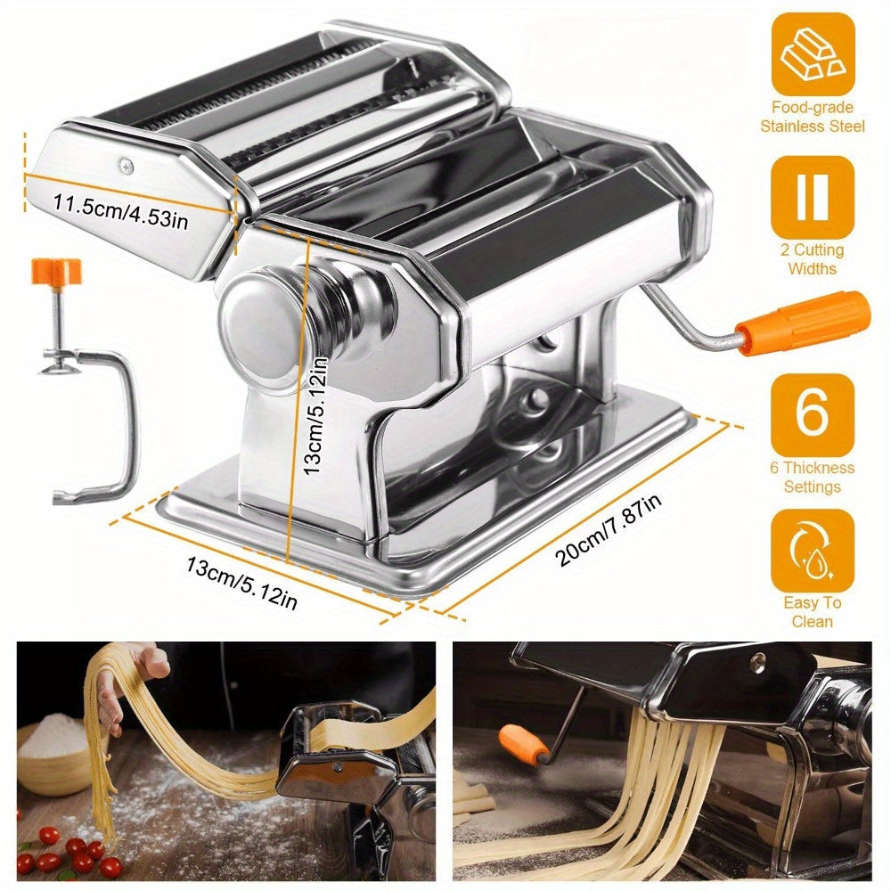 Multi-functional Stainless Steel Pasta Maker - Hand-crank Noodle Press for Spaghetti, Lasagna & Fettuccine with Adjustable Thickness and Dual Width Settings