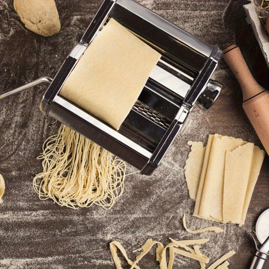 Multi-functional Stainless Steel Pasta Maker - Hand-crank Noodle Press for Spaghetti, Lasagna & Fettuccine with Adjustable Thickness and Dual Width Settings