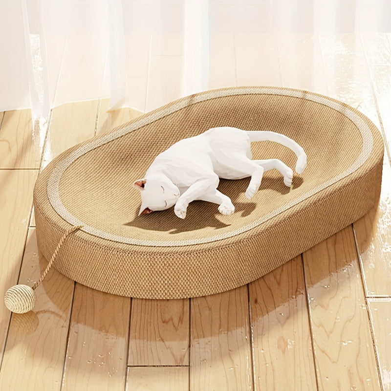 Large oval cat scratcher bed with track toy, durable sisal woven nest and interactive play bowl, filled with whole sisal hemp for long-lasting fun. Ideal for kittens and cats.