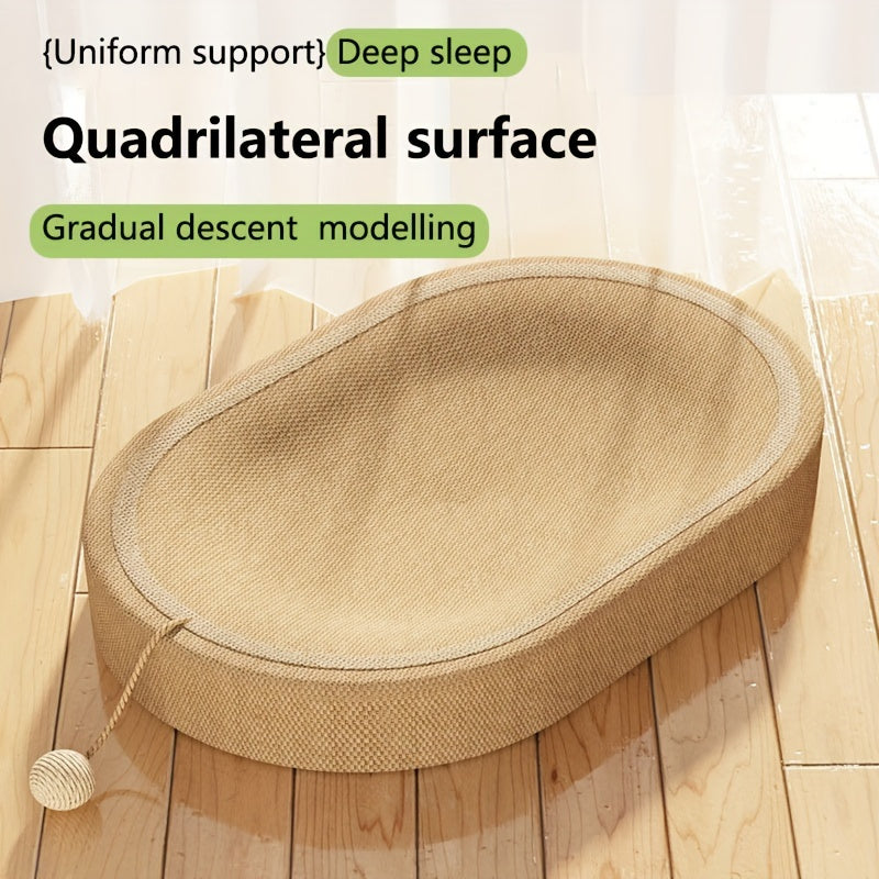 Large oval cat scratcher bed with track toy, durable sisal woven nest and interactive play bowl, filled with whole sisal hemp for long-lasting fun. Ideal for kittens and cats.