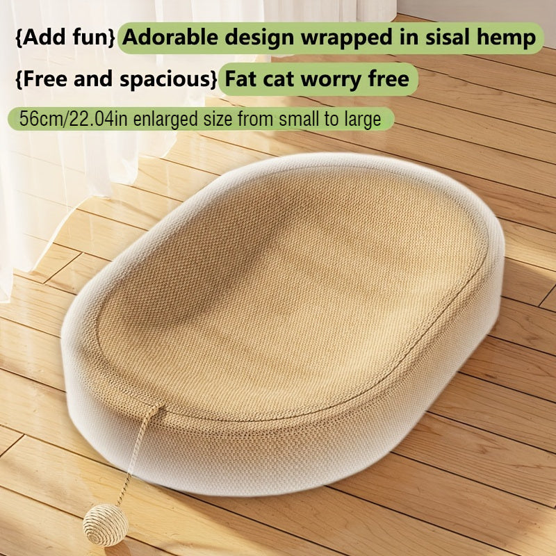 Large oval cat scratcher bed with track toy, durable sisal woven nest and interactive play bowl, filled with whole sisal hemp for long-lasting fun. Ideal for kittens and cats.