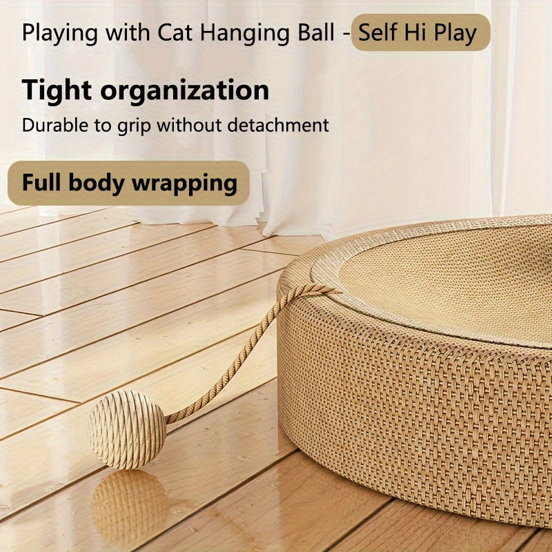 Large oval cat scratcher bed with track toy, durable sisal woven nest and interactive play bowl, filled with whole sisal hemp for long-lasting fun. Ideal for kittens and cats.