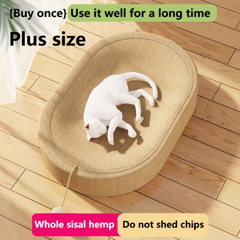 Large oval cat scratcher bed with track toy, durable sisal woven nest and interactive play bowl, filled with whole sisal hemp for long-lasting fun. Ideal for kittens and cats.