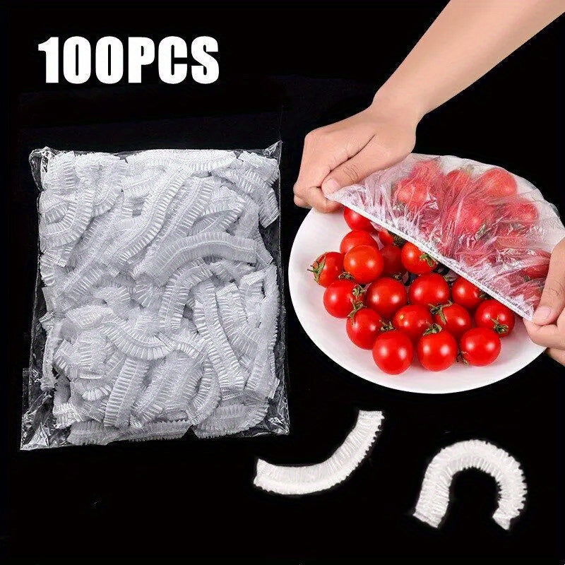 100 pieces of reusable elastic food covers made of stretchable plastic, designed for dishes and plates to preserve freshness in the kitchen.