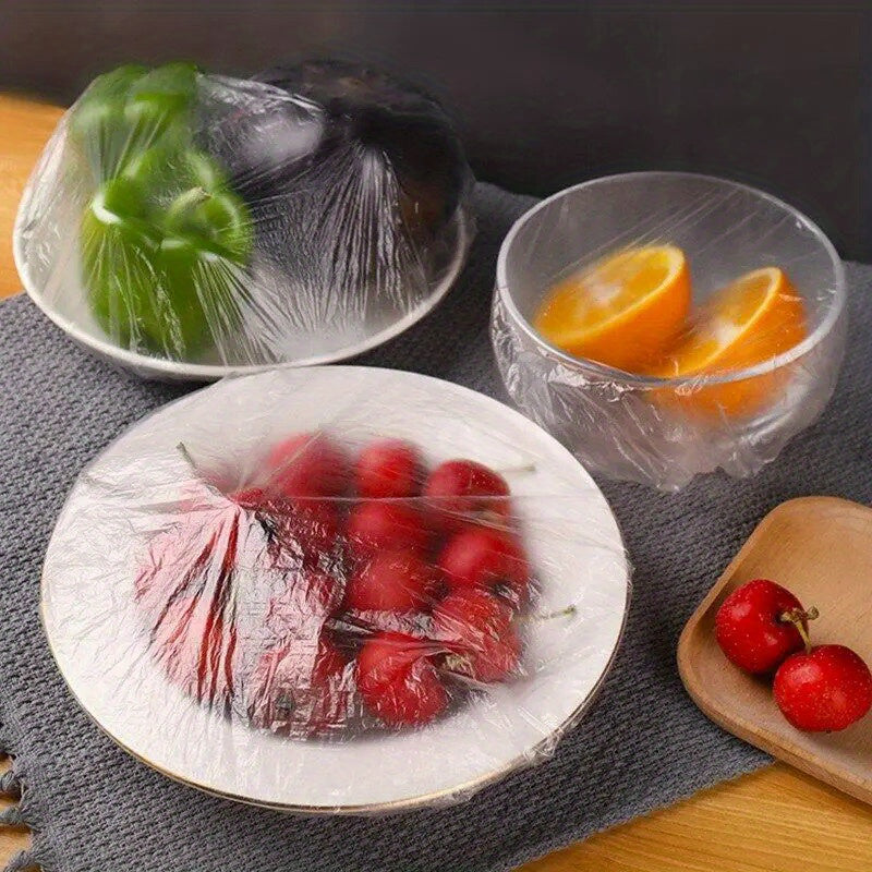 100 pieces of reusable elastic food covers made of stretchable plastic, designed for dishes and plates to preserve freshness in the kitchen.