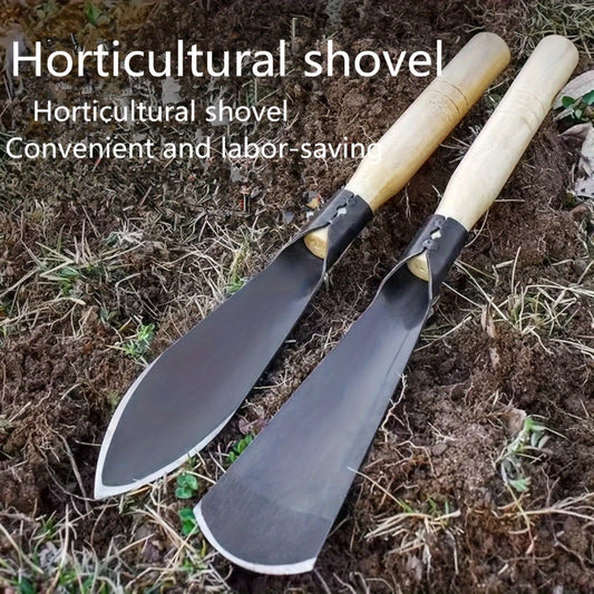 Two metal garden shovels for digging, transplanting, planting, and weeding without electricity, made of durable metal.