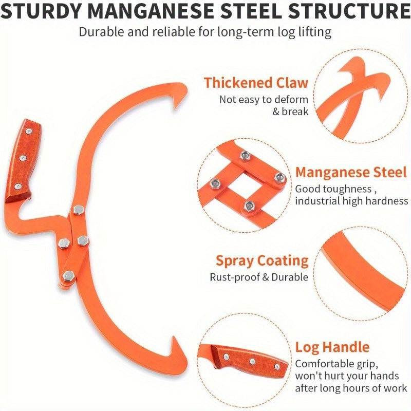 Durable 50.8cm Log Tongs with Anti-Slip Handle - Supports Up to 49.9 KG, Perfect for Moving and Handling Wood, Orange.