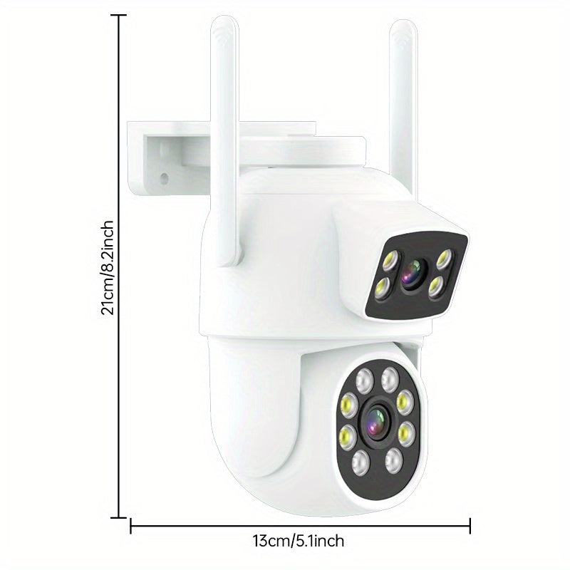 Две камеры безопасности с 4MP двойной линзой и WiFi, 360° PTZ, полное цветное ночное видение, двусторонний аудио, уведомления о движении, питание от USB, водонепроницаемость IP65, подходят для использования на улице.