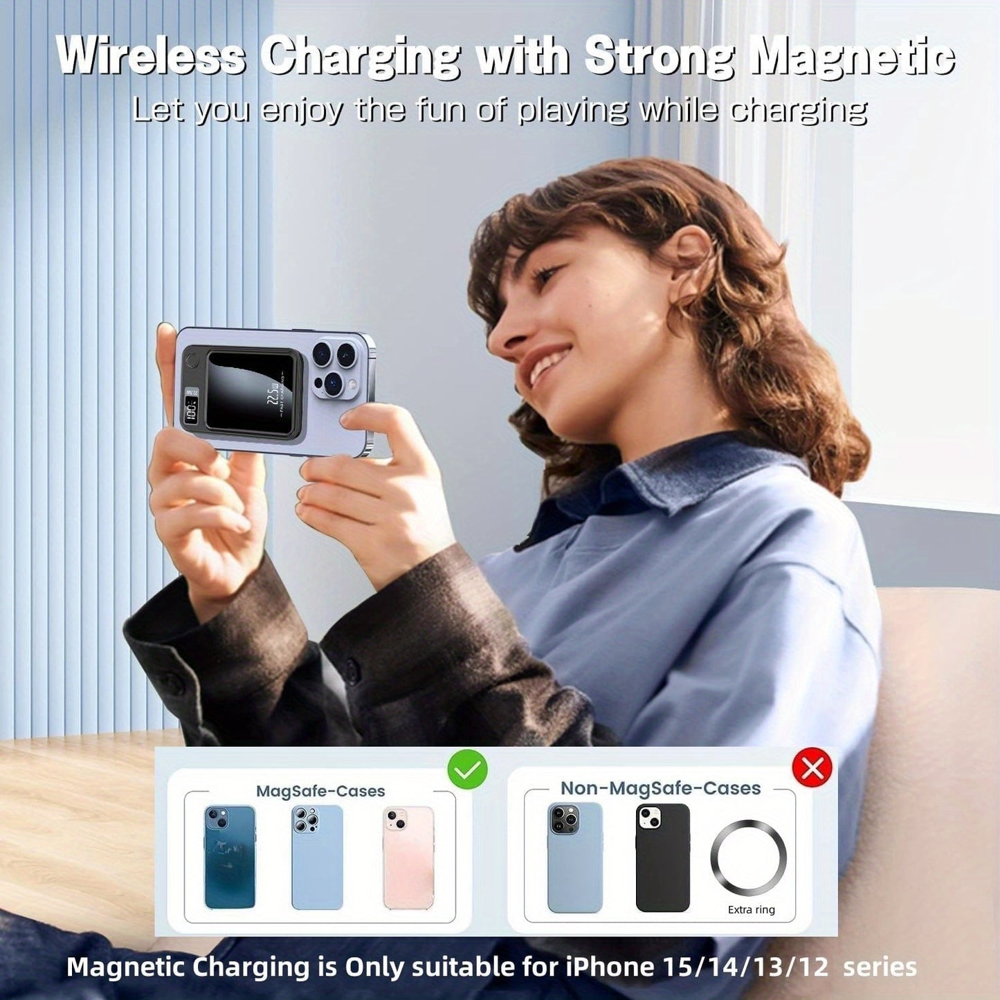 Portable wireless 10000mAh magnetic power bank for iPhone and Samsung devices, with PD+QC3.0 fast charging and LED display.