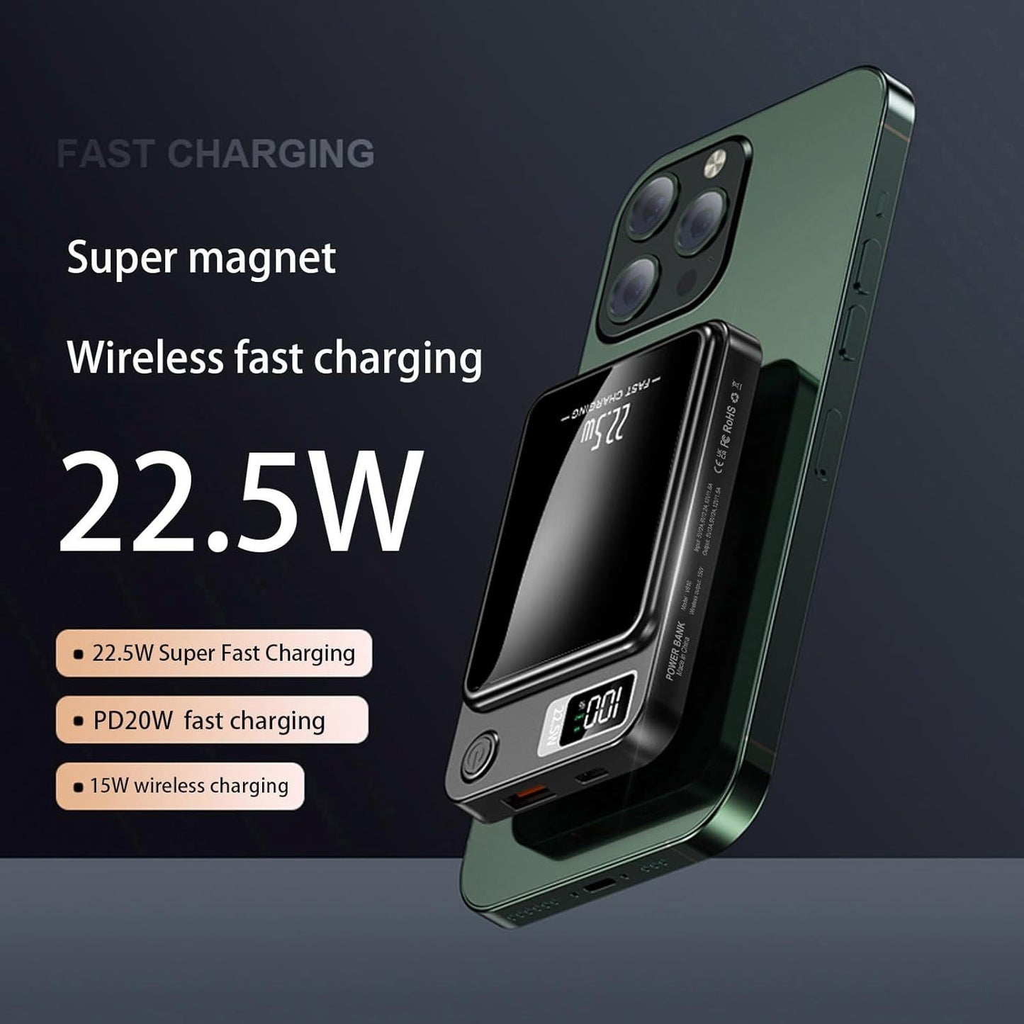 Portable wireless 10000mAh magnetic power bank for iPhone and Samsung devices, with PD+QC3.0 fast charging and LED display.