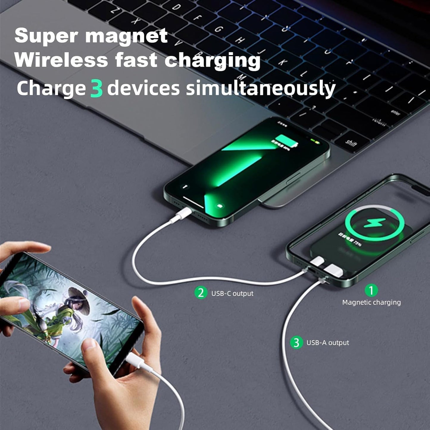 Portable wireless 10000mAh magnetic power bank for iPhone and Samsung devices, with PD+QC3.0 fast charging and LED display.