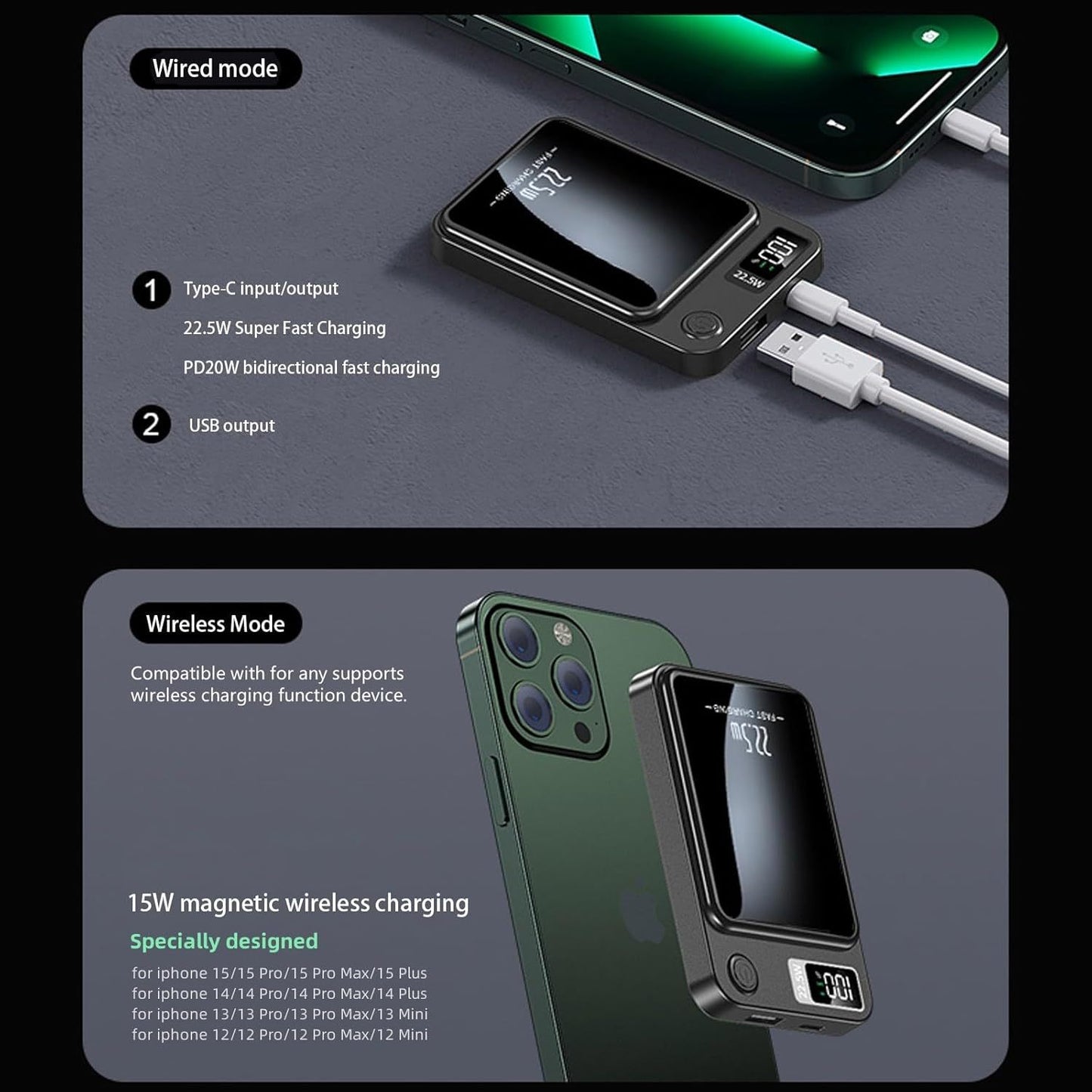 Portable wireless 10000mAh magnetic power bank for iPhone and Samsung devices, with PD+QC3.0 fast charging and LED display.