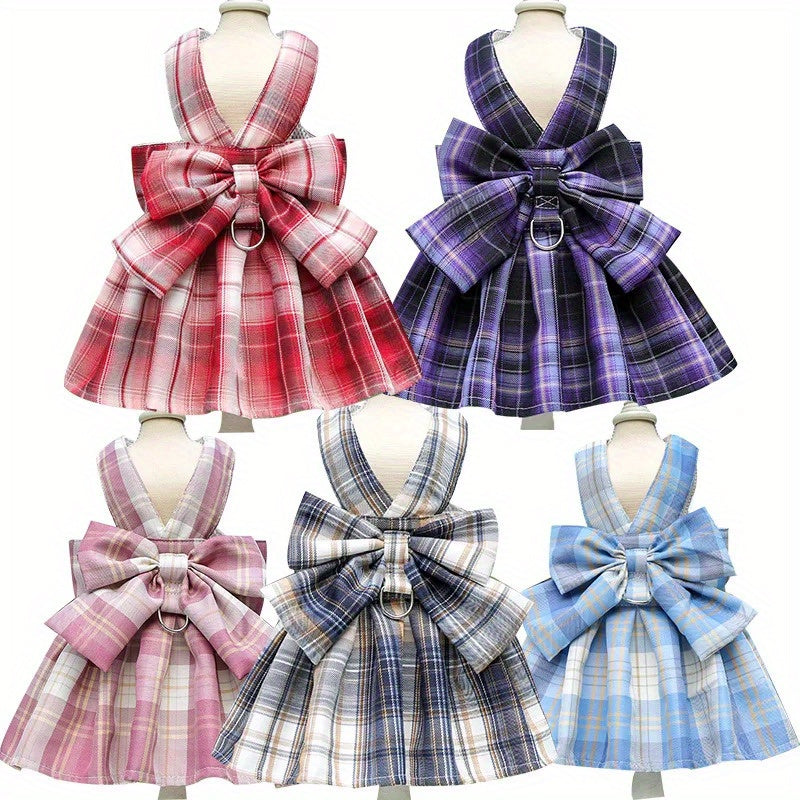 Plaid Puppy Skirt Harness and Leash Set for Small to Medium Dogs, Polyester Material, Leash Ring, Doggy Dresses