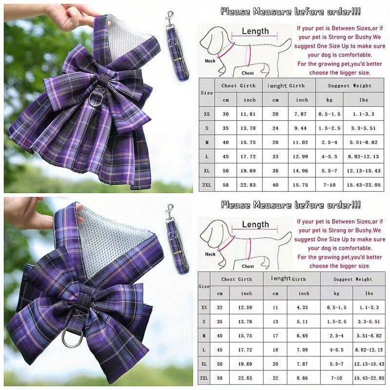 Plaid Puppy Skirt Harness and Leash Set for Small to Medium Dogs, Polyester Material, Leash Ring, Doggy Dresses