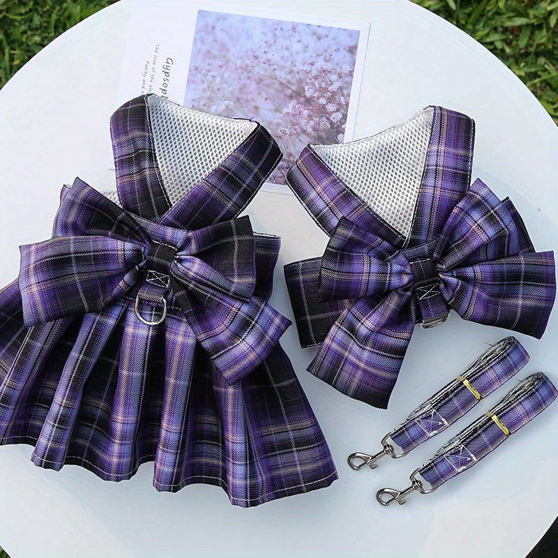 Plaid Puppy Skirt Harness and Leash Set for Small to Medium Dogs, Polyester Material, Leash Ring, Doggy Dresses