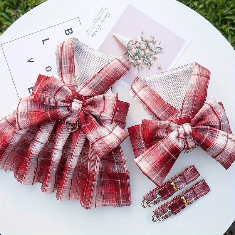 Plaid Puppy Skirt Harness and Leash Set for Small to Medium Dogs, Polyester Material, Leash Ring, Doggy Dresses