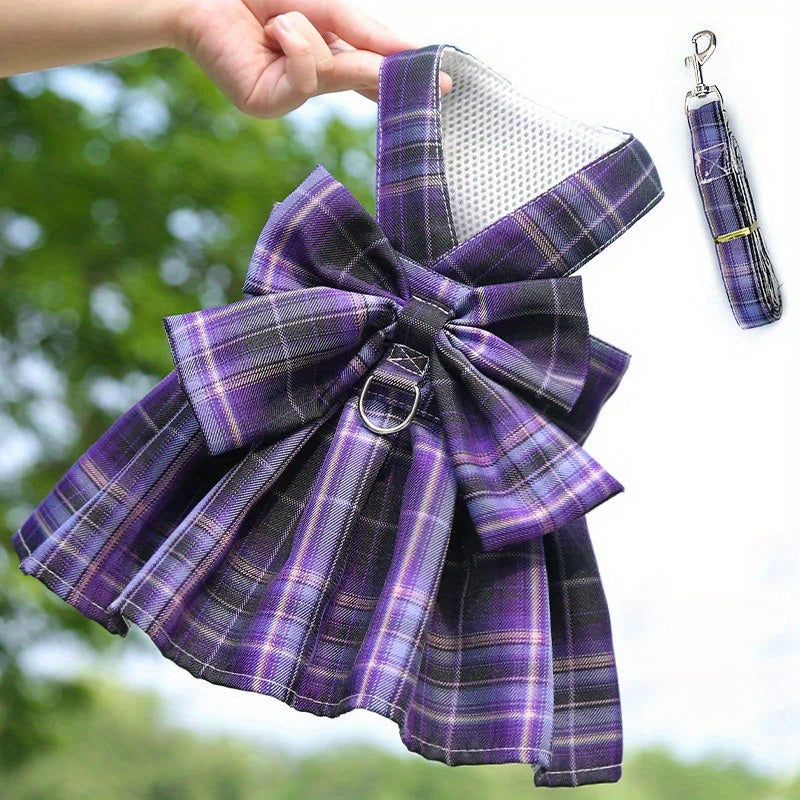 Plaid Puppy Skirt Harness and Leash Set for Small to Medium Dogs, Polyester Material, Leash Ring, Doggy Dresses