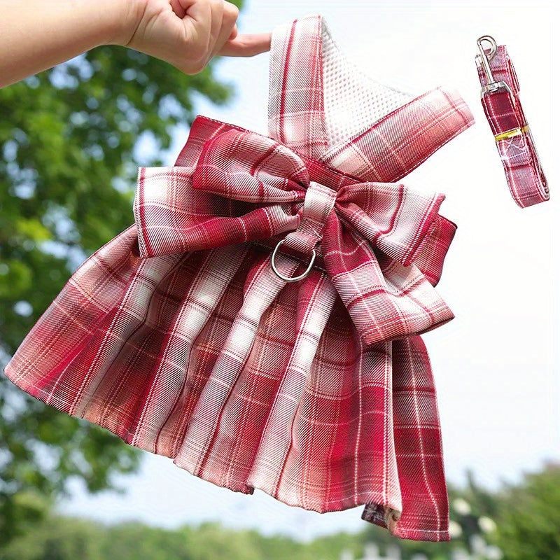 Plaid Puppy Skirt Harness and Leash Set for Small to Medium Dogs, Polyester Material, Leash Ring, Doggy Dresses