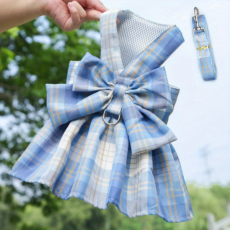 Plaid Puppy Skirt Harness and Leash Set for Small to Medium Dogs, Polyester Material, Leash Ring, Doggy Dresses