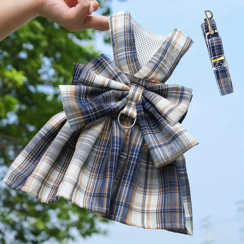 Plaid Puppy Skirt Harness and Leash Set for Small to Medium Dogs, Polyester Material, Leash Ring, Doggy Dresses