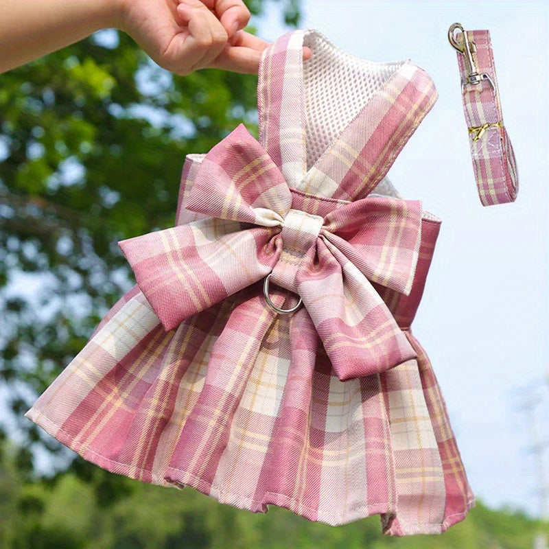 Plaid Puppy Skirt Harness and Leash Set for Small to Medium Dogs, Polyester Material, Leash Ring, Doggy Dresses