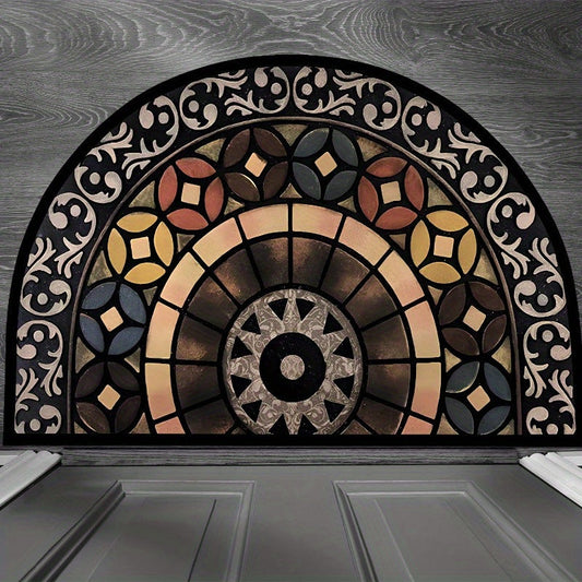 Vintage-inspired semi-circular entrance mat with printed stained glass design and floral motifs. Features a thick, non-slip backing for use in living rooms, bedrooms, and hallways. Ideal for adding a touch of elegance to your decor.