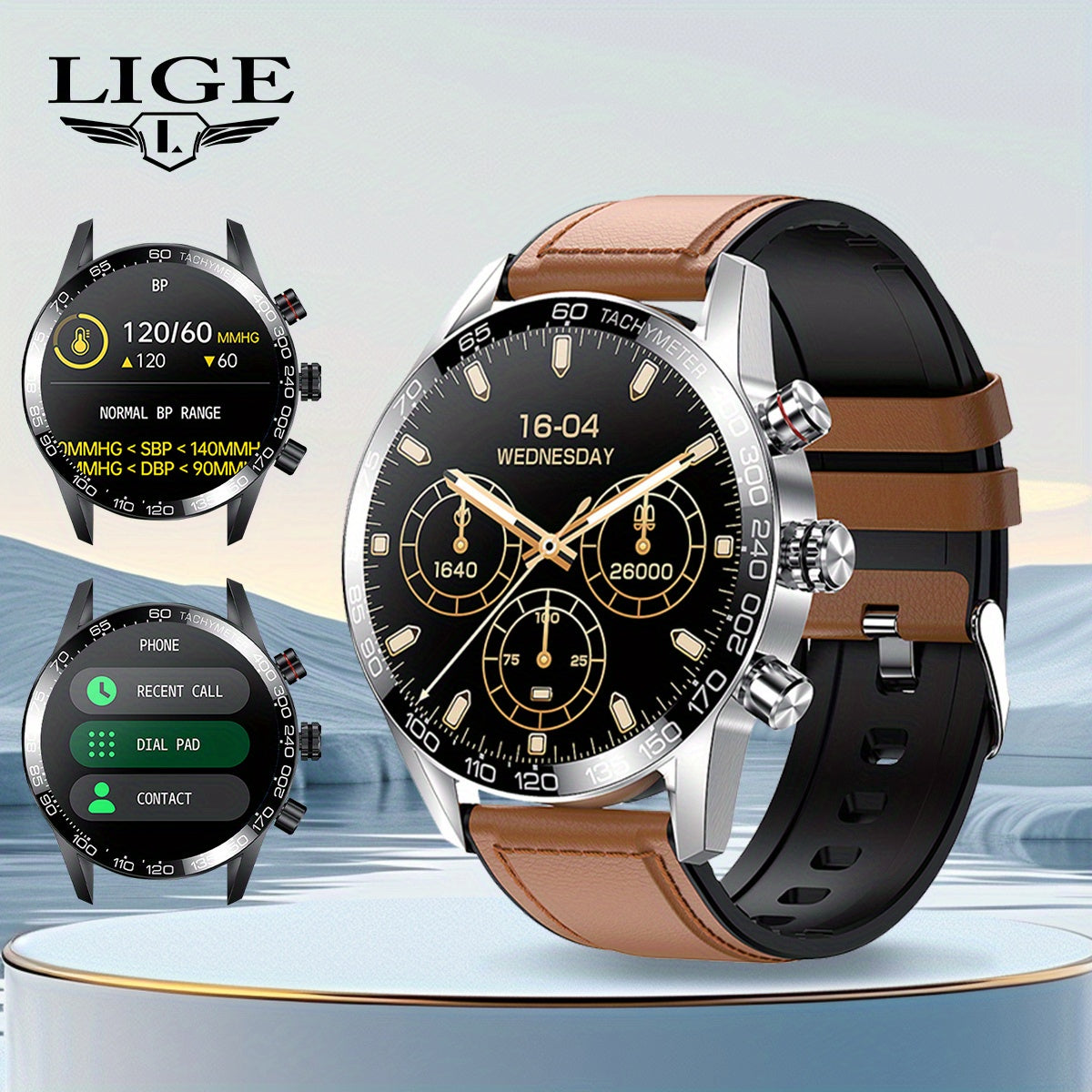 LIGE Men'S Business Smart Watch with sports timing, digital display, USB charging, round zinc alloy case, calendar, wireless call & remote control, water-resistant, rechargeable battery